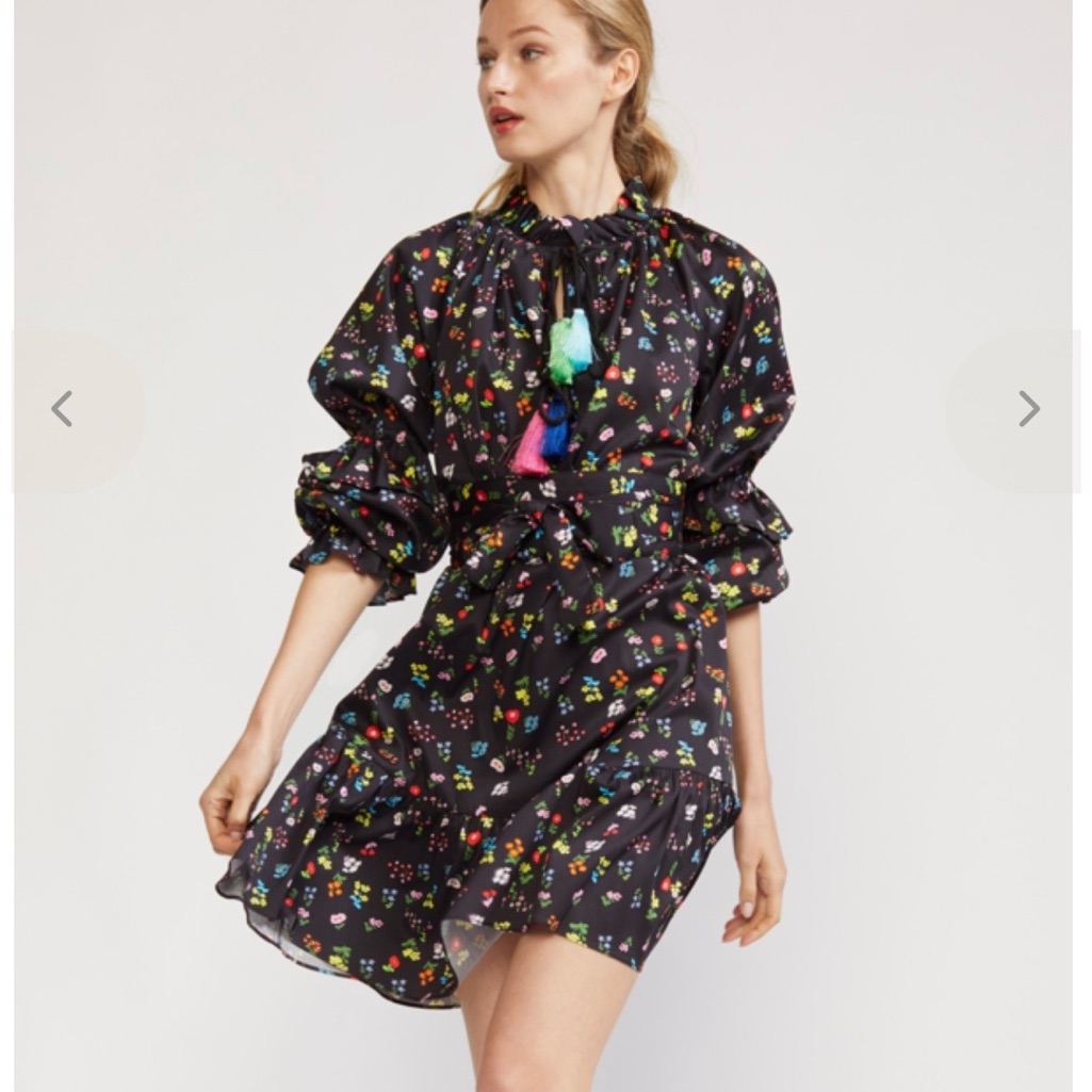 Cynthia Rowley Betty Floral Print Black Dress Sz Xs Multi-Colored Tassel $675